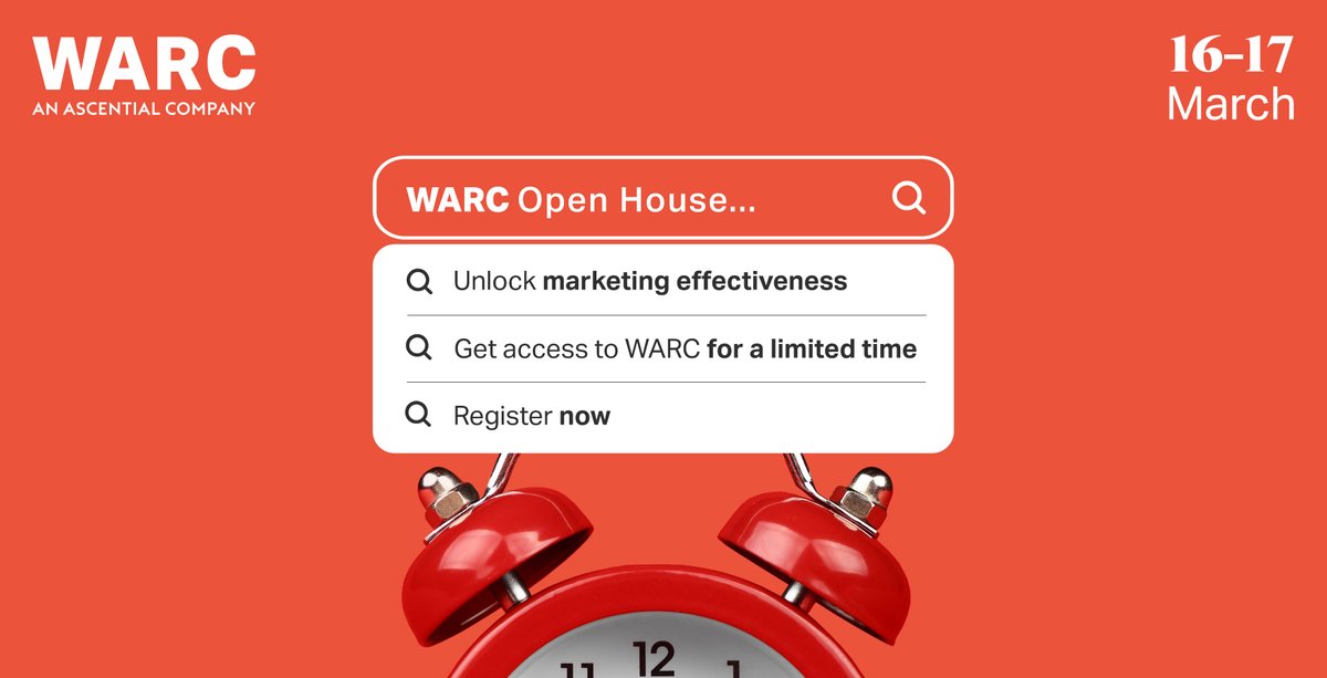 WARC's Open House is back! 

March 16-17, you will have a full 48 hours of free access to the most trusted and beloved resource on marketing effectiveness.

Learn from the best with over 23,000 exclusive marketing reports. Register now: ow.ly/Lsu450MTfTY

#MakeItWARC #WARC