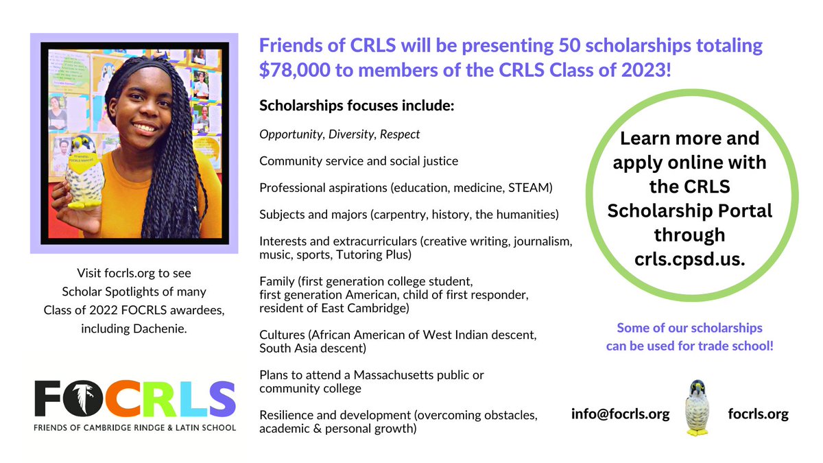 FOCRLS's tweet photo. Members of the @CRLStweets Class of 2023, please be sure to apply for scholarships to be presented by FOCRLS!

Go to https://t.co/JzpmNdo53d for a list of FOCRLS's scholarships and sponsors, along with a link to CRLS's application portal.

CRLS Scholarship Night: Thursday, May 18 https://t.co/4tggB3NDt5