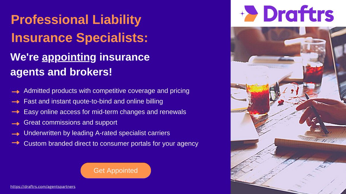 draftrs_inc's tweet image. We&apos;re appointing professional liability insurance agents and brokers. 

Learn more at draftrs.com/agentspartners

#insurance #insuranceagency #insurancebroker #professionalliability #insurtech