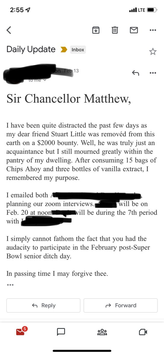 Me: “Hey, kids, I’m out sick today! Please send me a ~professional~ email update on your stories.”
Journalism kids: