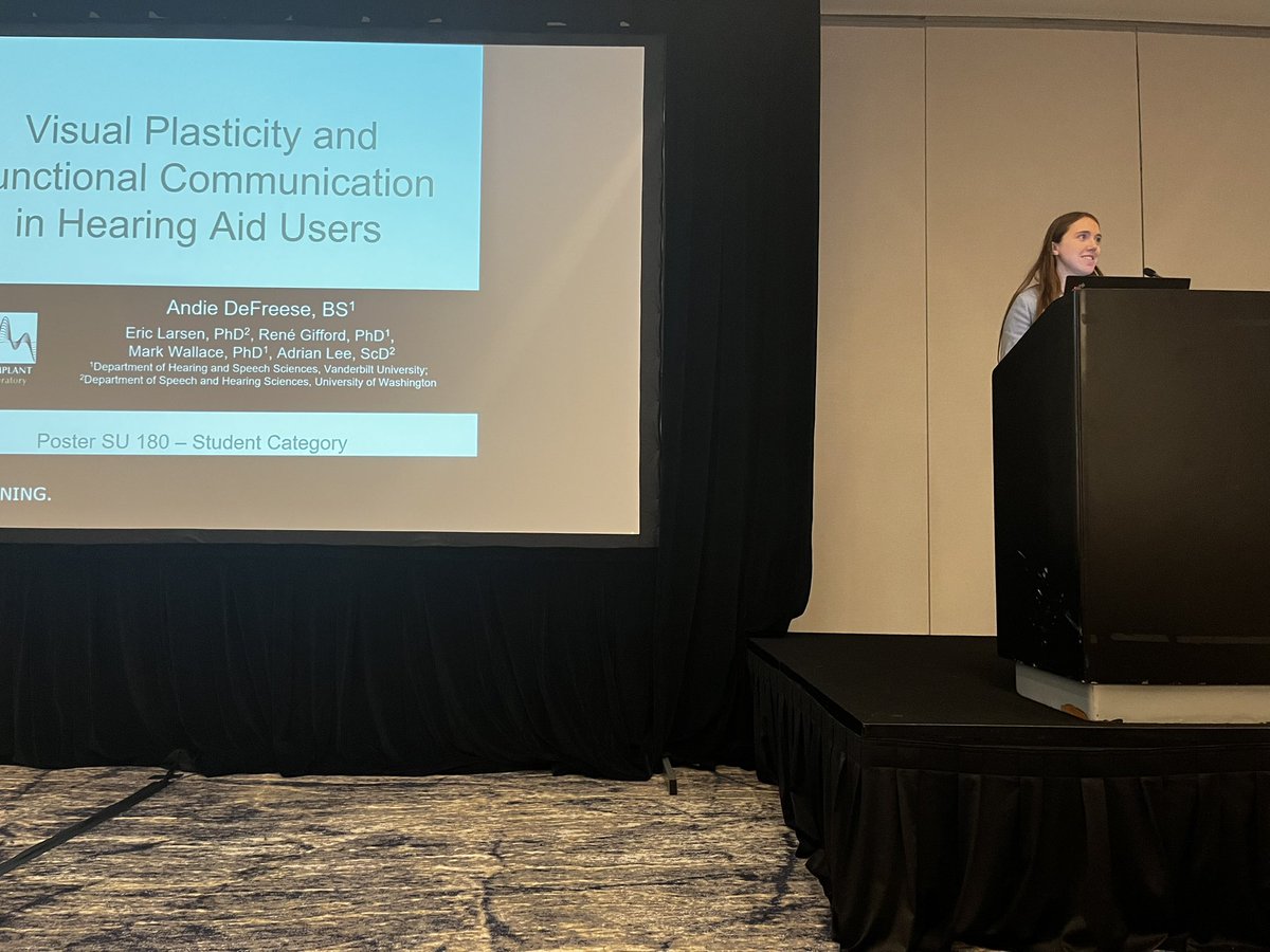 katelynaberg's tweet photo. @ajdefreese did a fantastic job representing the @VBWC_CI_LAB at @AROMWM sharing her work on audio visual plasticity in #hearingaid users! @VUHearSpeechPhD https://t.co/Pil4DIH3ow