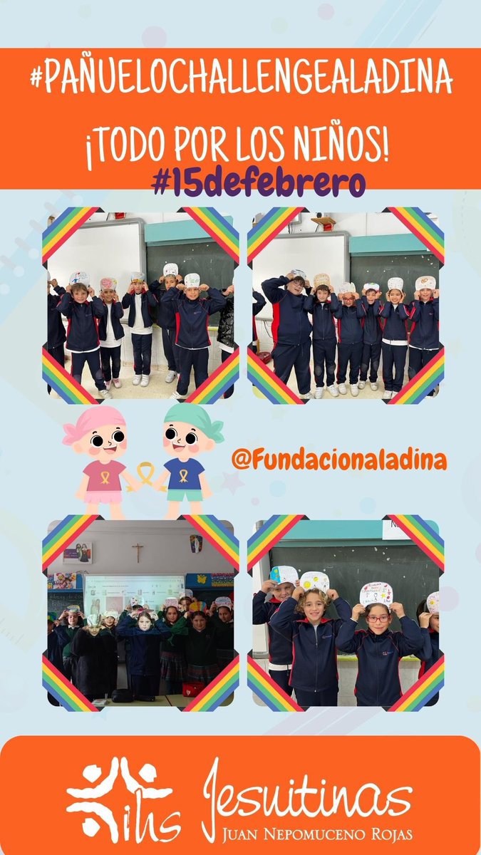 RojasNepomuceno's tweet photo. Nos unimos al reto #PañueloChallengeAladina de @FundacionAladina. 🔝🔝Desde nuestro colegio nos unimos a todos los niños que luchan contra el cáncer.
Que en este día tan especial sientan nuestra cercanía¡Mucho ánimo y fuerza ! 🎗️💪🏼🎗️
#JesuitinasSevilla
#RetoChallenge https://t.co/8VqFzg2HSY