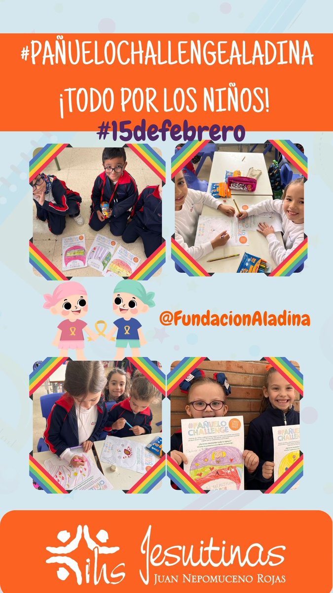 RojasNepomuceno's tweet photo. Nos unimos al reto #PañueloChallengeAladina de @FundacionAladina. 🔝🔝Desde nuestro colegio nos unimos a todos los niños que luchan contra el cáncer.
Que en este día tan especial sientan nuestra cercanía¡Mucho ánimo y fuerza ! 🎗️💪🏼🎗️
#JesuitinasSevilla
#RetoChallenge https://t.co/8VqFzg2HSY