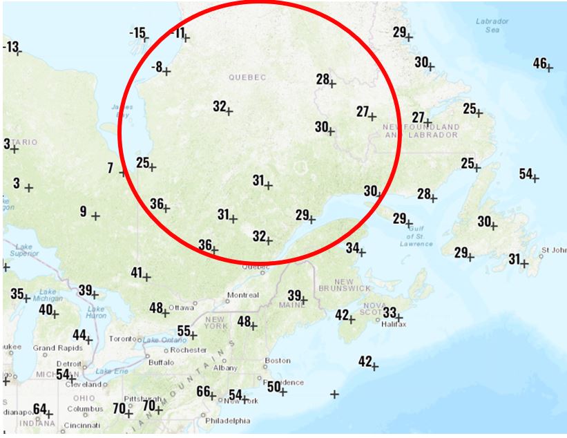 TomNiziol's tweet image. The source of cold air for Northeast #snowstorms in February often comes from Eastern #Canada, but it ain't happening with these kind of temperatures. #nonwinter