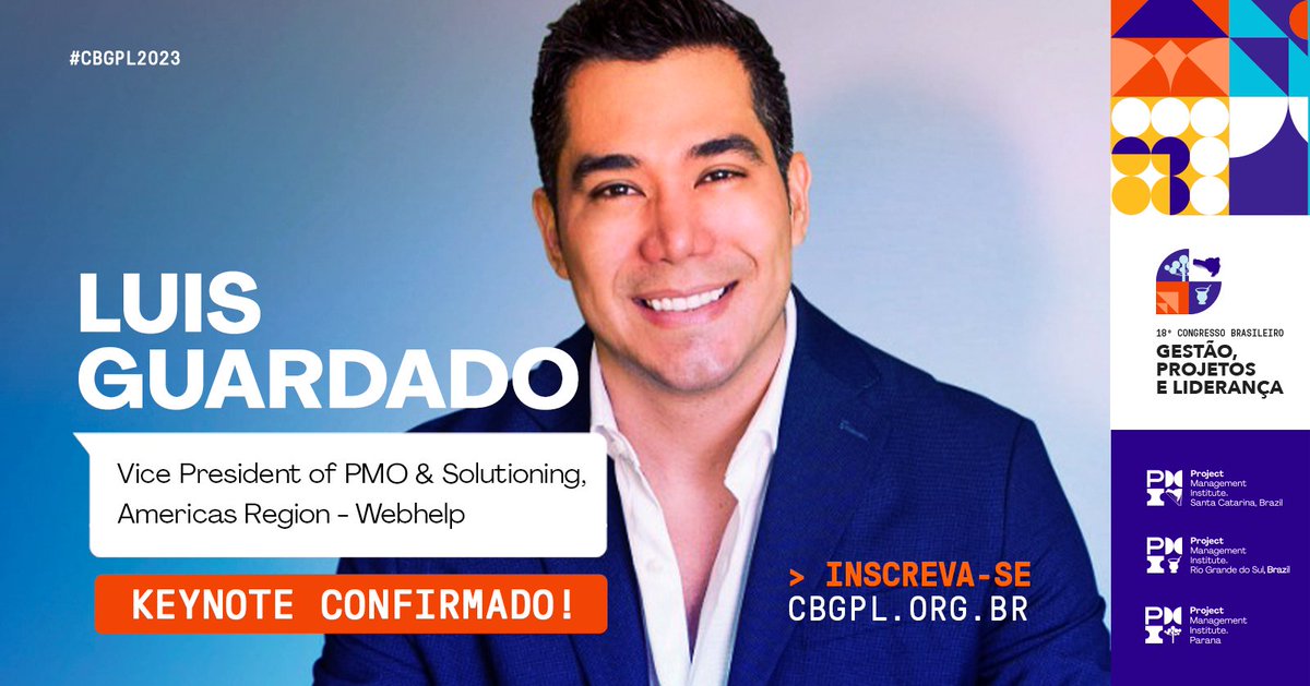 cbgpl_pmi's tweet photo. 🔔 Keynote confirmado! Luis Guardado, Vice-presidente de PMO e Soluções, na América, da Webhelp, vai te mostrar como o Webhelp PMO construiu sua "jornada" de sucesso.

INSCREVA-SE 
 ✅ https://t.co/6BniD0ORNf

 #cbgpl2023 #gestao #projetos #lideranca #pmi #pmirs #pmisc #pmipr https://t.co/xBJlZexHAW