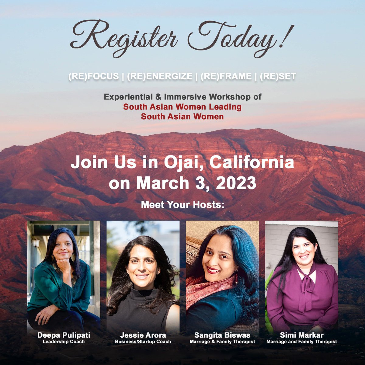 Join me and my co-hosts for our first #Leadership Retreat focused on South Asian Women- March 3rd-5th in Ojai, CA

Few spots left, so register today (Deadline 2/20)- tulacoach.com/march-workshop/

#leadershipdevelopment #womenempoweringwomen #womeninbusiness