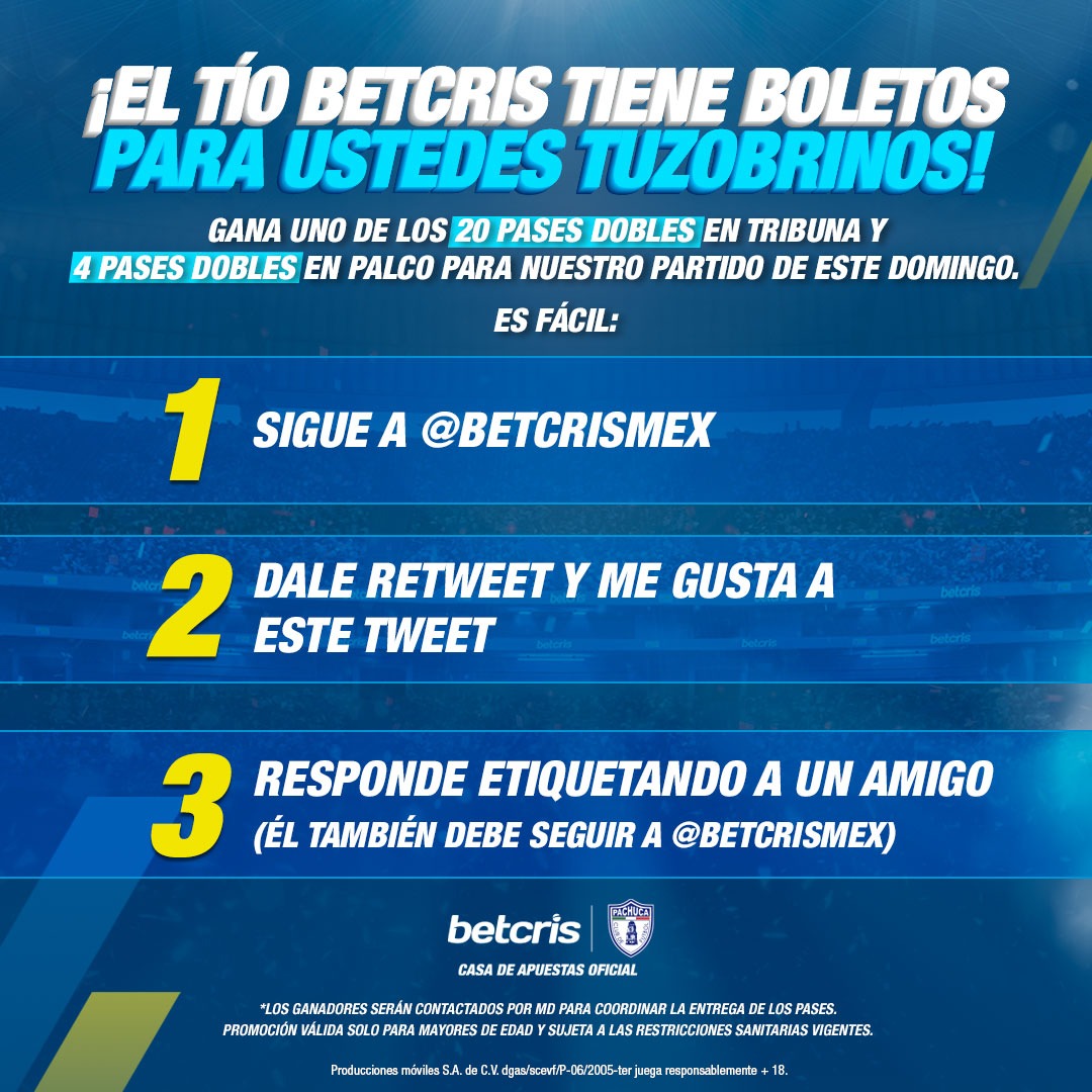 Tuzos's tweet photo. ¡Sigamos defendiendo el título en casa junto con @betcrismex! 🎟️🎟️
  
Gana uno de los 20 pases dobles en tribuna y 4 pases dobles en palco para nuestro partido de este domingo 🏟
  
Checa bien los pasos 👀    
¡Tienes hasta el viernes a las 12:00hrs para participar https://t.co/pxAXdHgvio