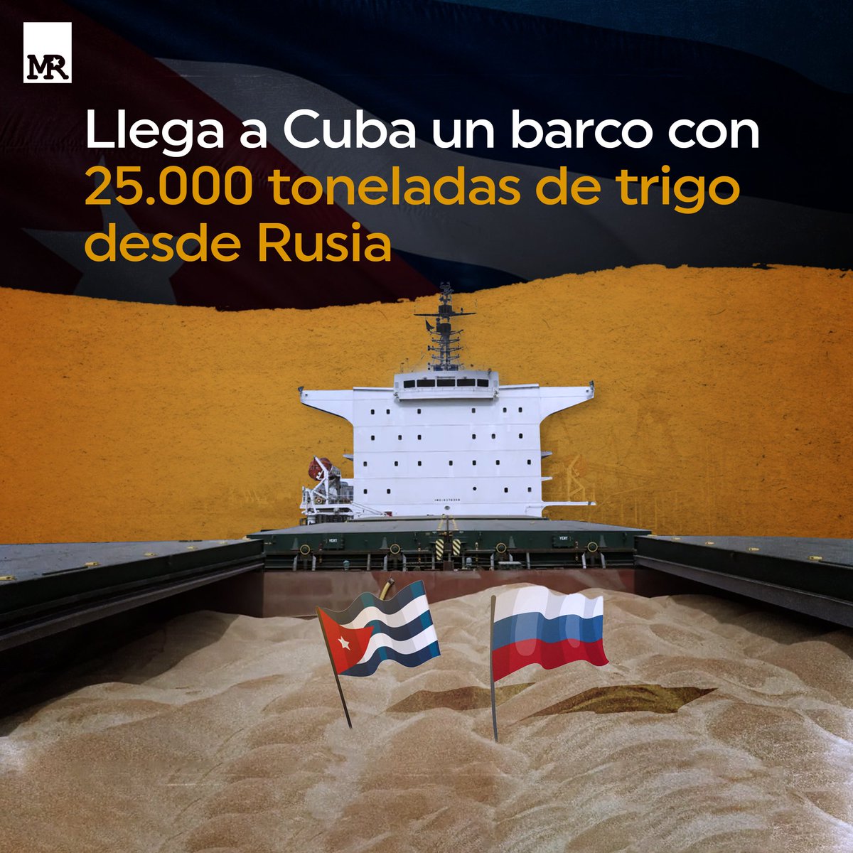 Un barco con 25.000 toneladas de trigo llega a #Cuba desde #Rusia.

"Consideramos d inestimable valor la ayuda desinteresada del Gobierno y el pueblo ruso, q pone d manifiesto el único modo para afrontar la realidad q se nos impone es a través d cooperación y la ayuda mutua"...