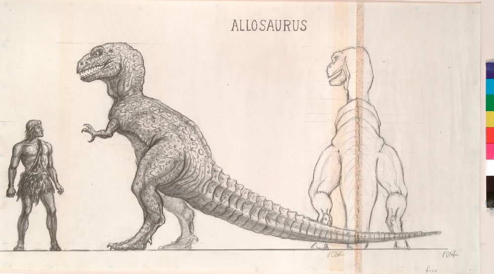 Ray Harryhausen drawings for the 1966 fantasy movie, One Million Years B.C., starring Raquel Welch. 