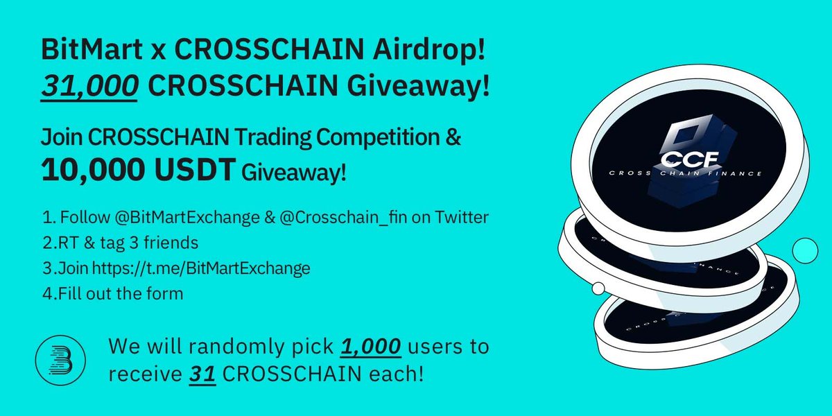 🚀To celebrate the primary listing for <a href="/Crosschain_fin/">Cross Chain Finance</a> 
 join to win 31,000 CROSSCHAIN &amp; $10,000 USDT 💰💸

1⃣Follow <a href="/BitMartExchange/">BitMart</a> &amp; <a href="/Crosschain_fin/">Cross Chain Finance</a> 
2⃣RT &amp;tag 3frds
3⃣Join t.me/BitMartExchange 
4⃣Fill forms.gle/6xW62VkaBvv1UR…
 
💎1000 lucky winners get 31 CROSSCHAIN each!