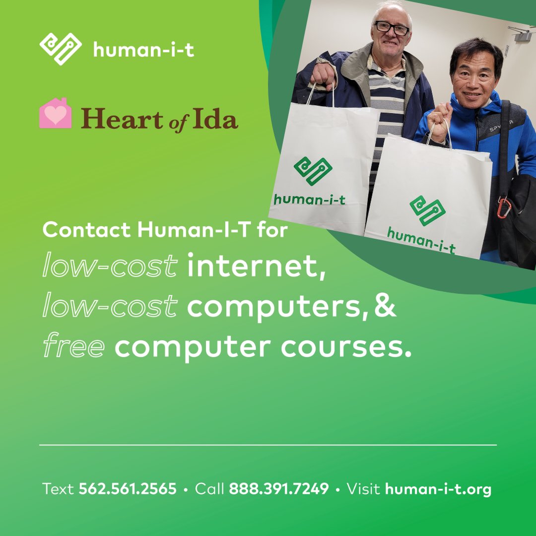 TheHeartofIda's tweet photo. Long Beach seniors may be eligible for low-cost internet, low-cost computers, and FREE computer training.  Call HUMAN- IT  888-391-7249 or visit https://t.co/ovaqKYr7qU to learn more!  #LBrecovers #LBdigitalinclusion #digitalequityNOW #StayConnected https://t.co/E9nrnPB0oS