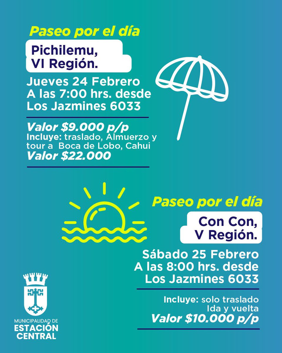 muniecentral's tweet photo. ¿Cuántos con ganas de pasear? Disfruta el verano en familia  👨‍👩‍👧

Hacia Valparaíso y Pichilemu 🏖

Revisa fechas, valores y lo que incluye este paseo centralin@ 🙌 @fmunozv  #EstaciónCentral https://t.co/8cKSs6BiE6