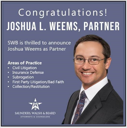 SWB is thrilled to announce the promotion of Attorney Joshua L. Weems to Partner!
saunderswalsh.com/swb-names-josh…