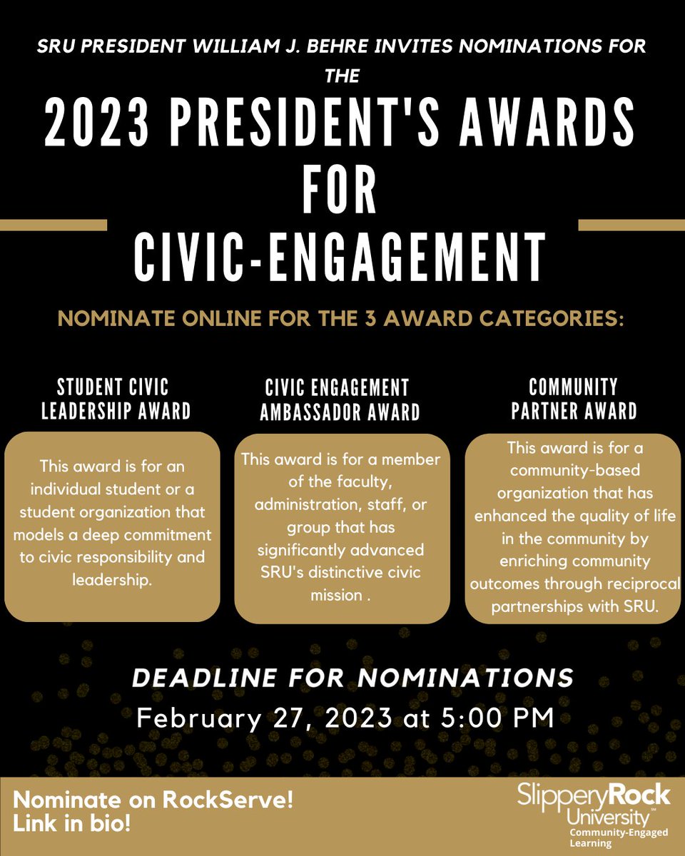 sru_ocel's tweet image. It&apos;s time to nominate for this year&apos;s President&apos;s Awards! The deadline is on February 27th at 5pm. 

Link is in the bio!👏

#OCEL #presidentsawards #sru #RockServe #Spring2023 #Bonnerleaderprogram #civicidentity #volunteering #community