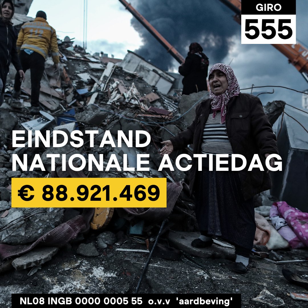 Giro555's tweet image. WAT. EEN. FENOMENALE. EINDSTAND! 🙌

Bedankt Nederland!🙏 Dankzij jouw bijdrage kunnen de hulporganisaties achter #Giro555 onwijs veel mensen helpen. 

Giro555 blijft open en doneren kan nog steeds. Na deze gigantische ramp is elke euro meer dan welkom.💛

#Turkije #Syrië