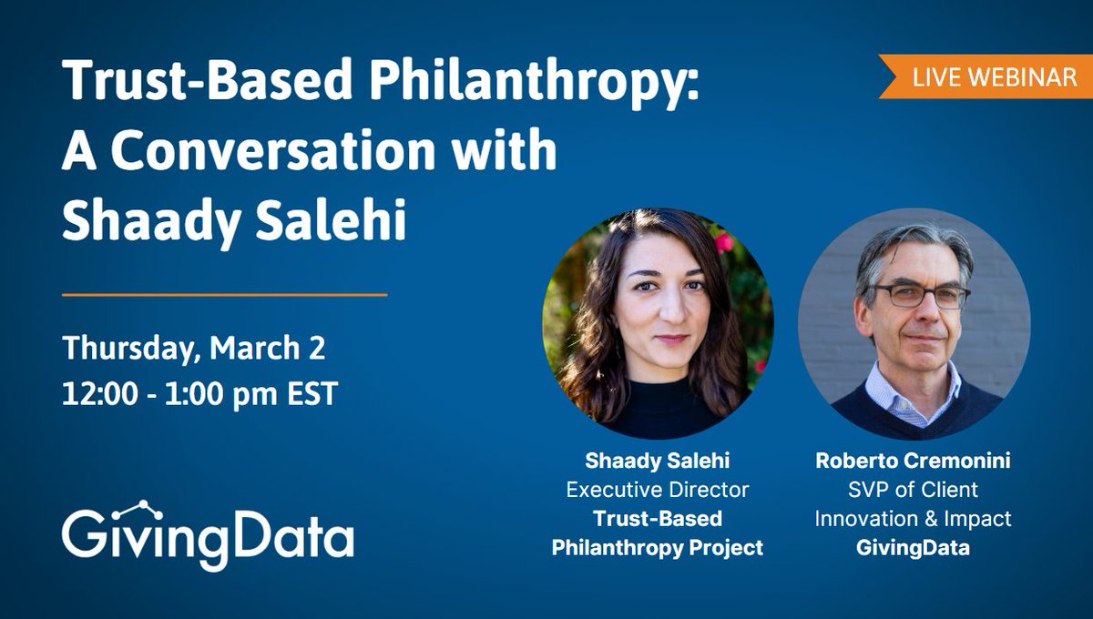 givingdata's tweet image. We are thrilled to announce that Shaady Salehi will be joining us on March 2 at 12:00 pm EST to discuss the past, present, and future of @TrustBasedPhil.

Register here to attend this webinar: hubs.ly/Q01CwclW0

#trustbasedphilanthropy #philanthropy