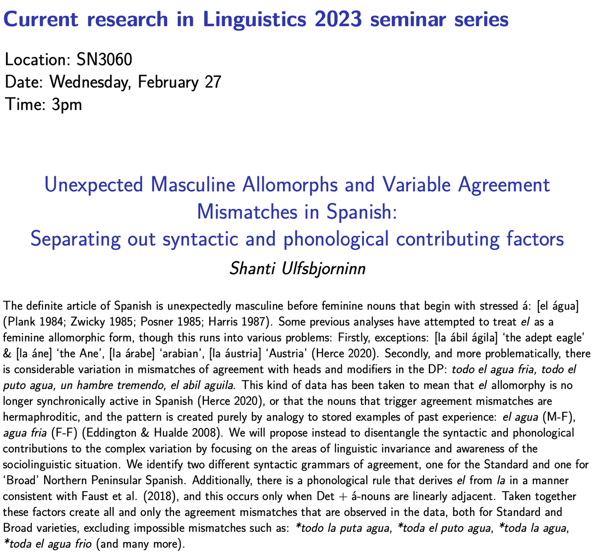MUN Linguistics: "Current research in Linguistics 2023 seminar series"