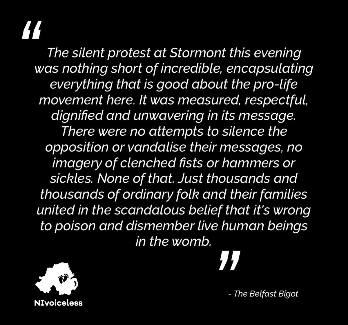 Ever thought of what it would be like to stand with us at our annual silent protest? A review from a previous attendee. We hope you can Join us Saturday 25th March to stand together for life. Spread the word ❕
#NIvoiceless #TheyCannotSpeak #StandSpeakServe