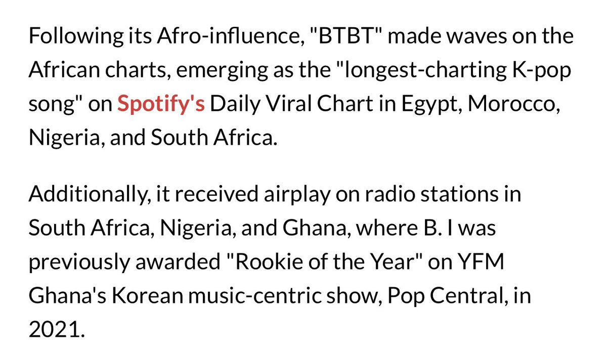 hanbin131team's tweet photo. [🏆] A late congratulations to Kim Hanbin @shxx131bi131, he was named and awarded Rookie of The Year by Pop Central on YFM Ghana in 2021. Also, #BTBT was the longest-charting K-pop song on the Spotify Daily Viral Charts in Egypt, Morocco, Nigeria, and South Africa ✨

📰 https://t.co/duUJP8Qbi8

@BI_131official @131online 
#비아이 #BI #김한빈 #HANBIN #ハンビン #金韩彬 #131LABEL #BI_BTBT