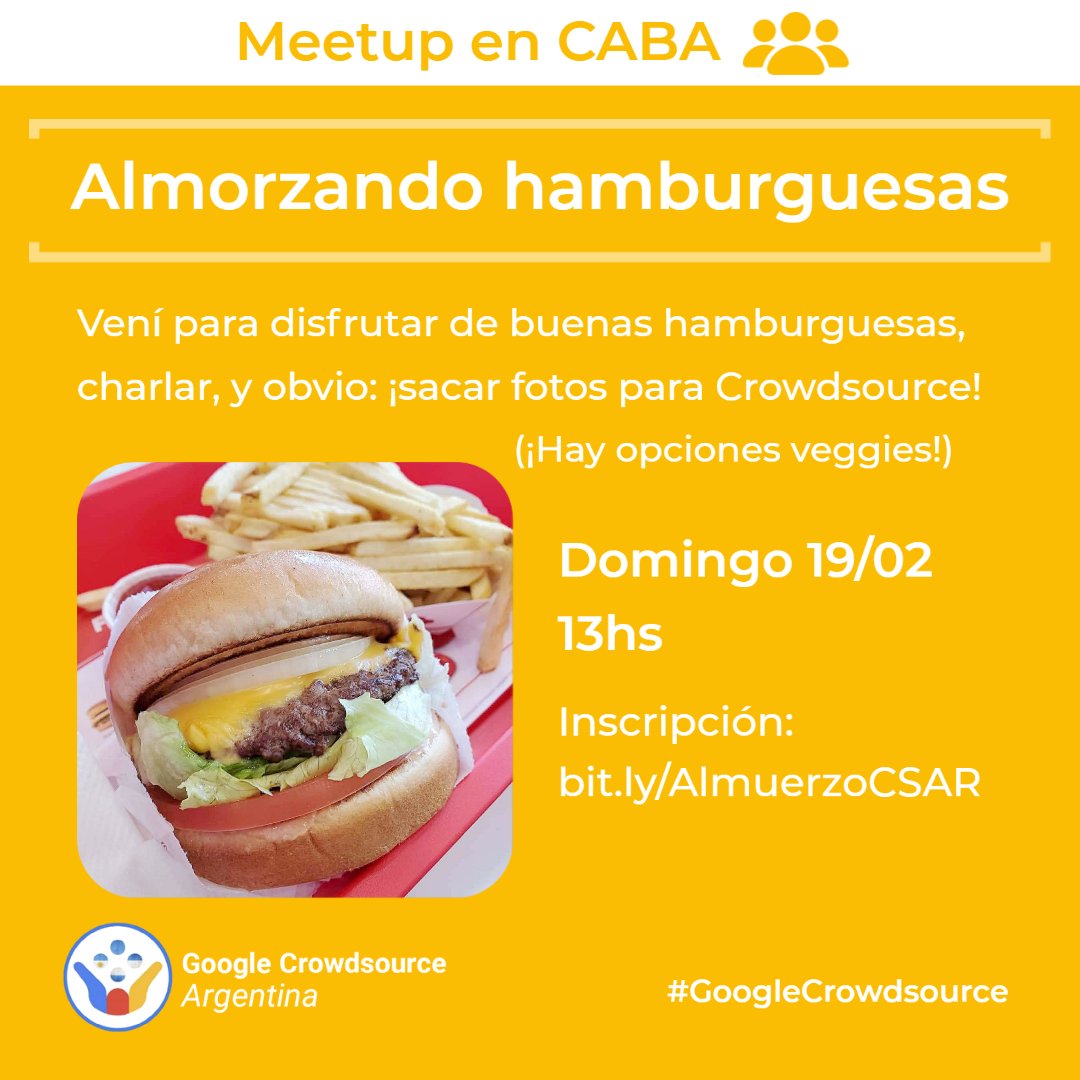 CrowdsourceARG's tweet image. 👥 Nueva reunión presencial: Un
almuerzo de hamburguesas 🍔
Es este Domingo 19 a las 13hs, ¡vení a comer y contribuir en Crowdsource con nosotros!
✏️ Inscripción a la reunión, con más información:
bit.ly/AlmuerzoCSAR