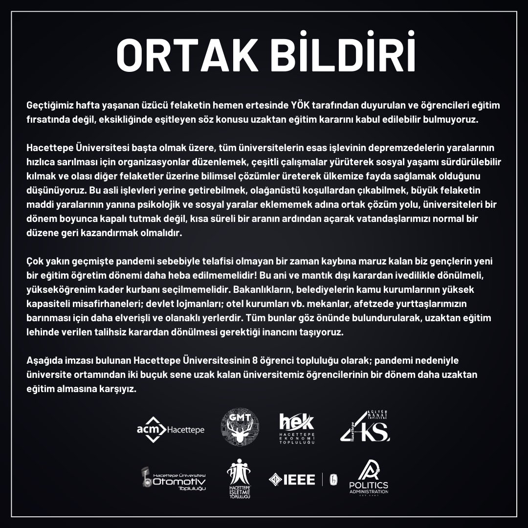 Hacettepe Üniversitesi öğrencileri olarak en öncül haklarımızdan biri olan eğitim hakkımızı tam ve eksiksiz olarak almak istiyoruz.
@acmhacettepe @gmthacettepe @hek.web @hukultursanat @otomotivtoplulugu @hacettepehit
@ieeehacettepe @hacettepepa