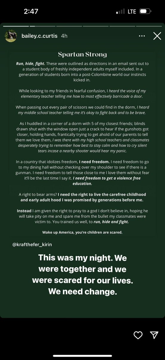 One of my daughters best friends, with whom she barricaded Monday night, wrote this. It’s heartbreaking, insightful, powerful all at once. Until you actually experience gun violence directly, you have no clue. This should not be. #MSUStrong