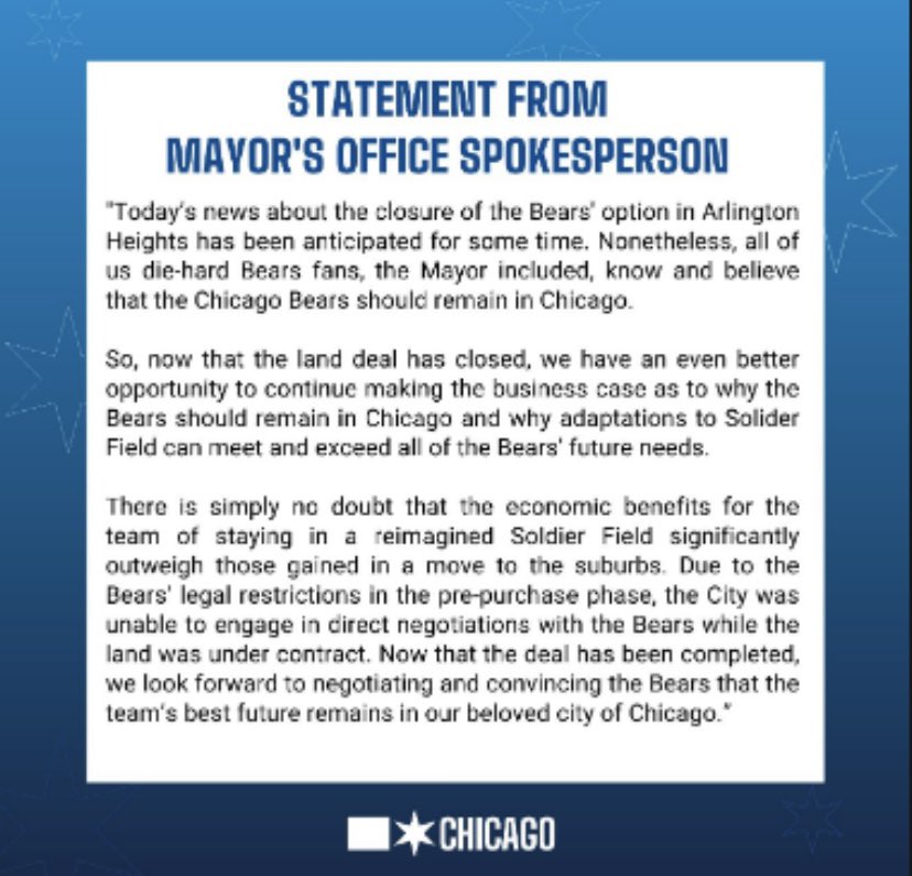 jacobinfante24's tweet photo. Lori Lightfoot made a statement about the #Bears leaving Soldier Field, and she literally misspelled Soldier in the second paragraph.

Sums up how much she’s botched this situation. https://t.co/xGef2CGpEC