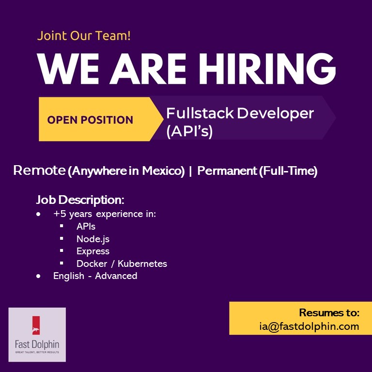 #hiring #itmexico #itjob #itjobmexico #developer #fullstack #fullstackdeveloper #ITfullstackdeveloper #apis #nodejs #express #docker #gcp #azure #agile #cloud #englishandspanish #hiring #job #it #remote #itjob #mexico #argentina #chile #colombia #costarica #panama #peru