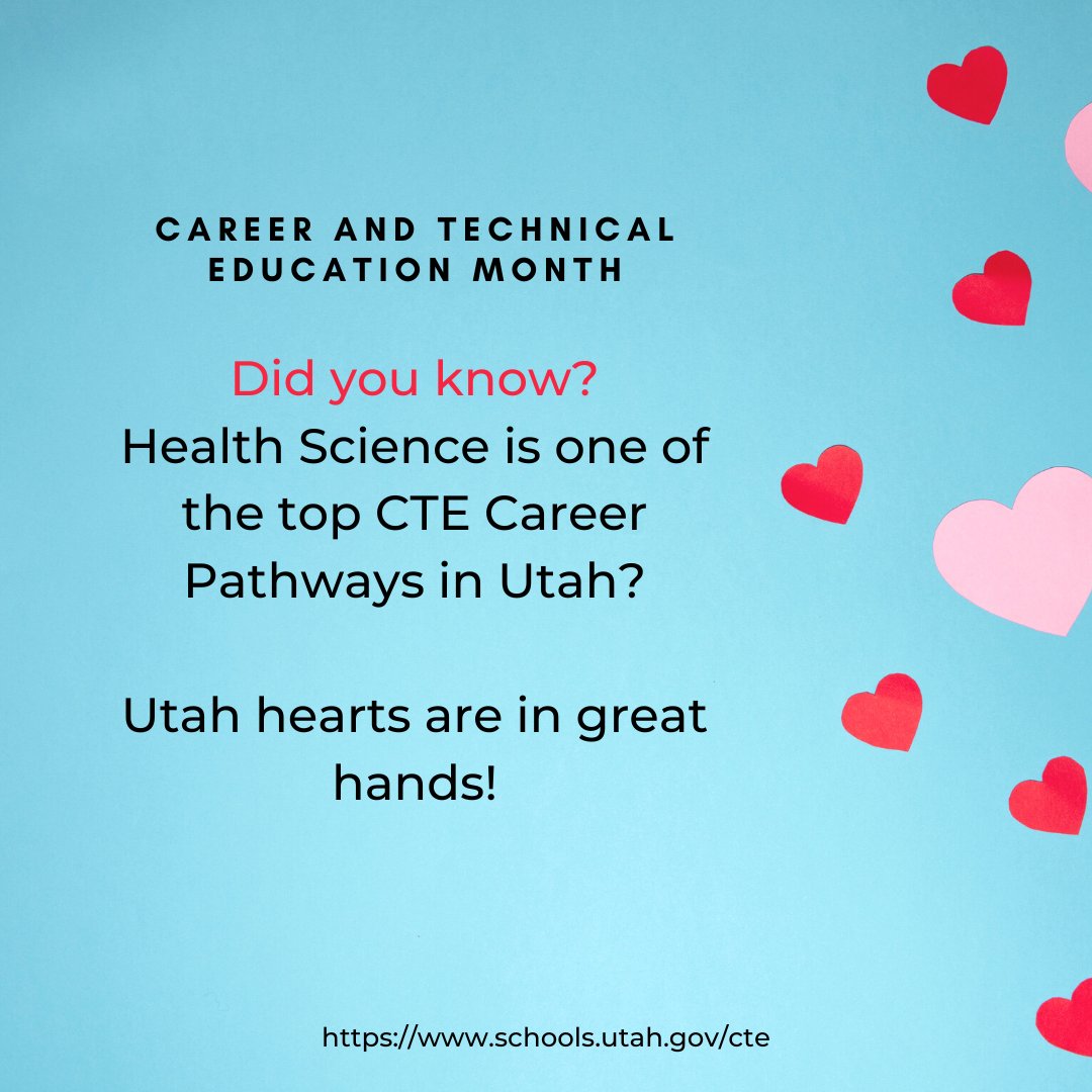 Did you know? Health Science is one of the top CTE Career Pathways in Utah?

Utah hearts are in great hands! Learn more about #UtahCTE bit.ly/3IovKew 

#CTEMonth