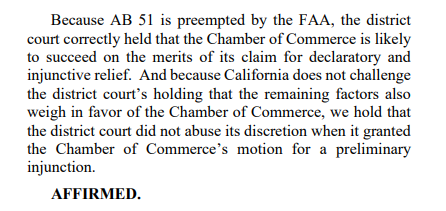 Breaking news in California employment law:

A Ninth Circuit panel ruled 2-1 that the #FAA preempts #AB51 (a CA law prohibiting employers from requiring arbitration as a condition of employment) &amp; affirmed the injunction stopping AB 51's enforcement. #lawtwitter #appellatetwitter