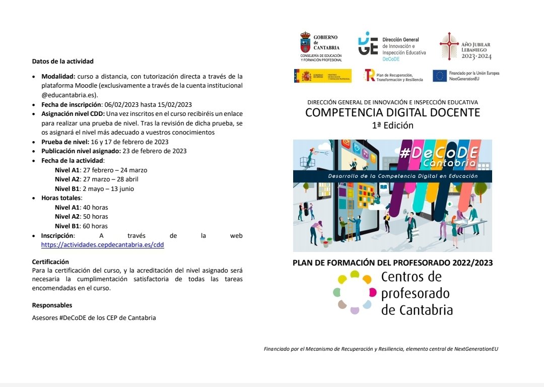Mariaglezben's tweet image. #docentes #Cantabria

Cursos de formación de la #competenciadigitaldocente 
ACREDITACIÓN niveles
▪️🅰️1️⃣
▪️🅰️2️⃣
▪️🅱️1️⃣
Con prueba de nivel
🔗
educantabria.es/curso-competen…
#decode #compdigedu #CDD #MRCDD