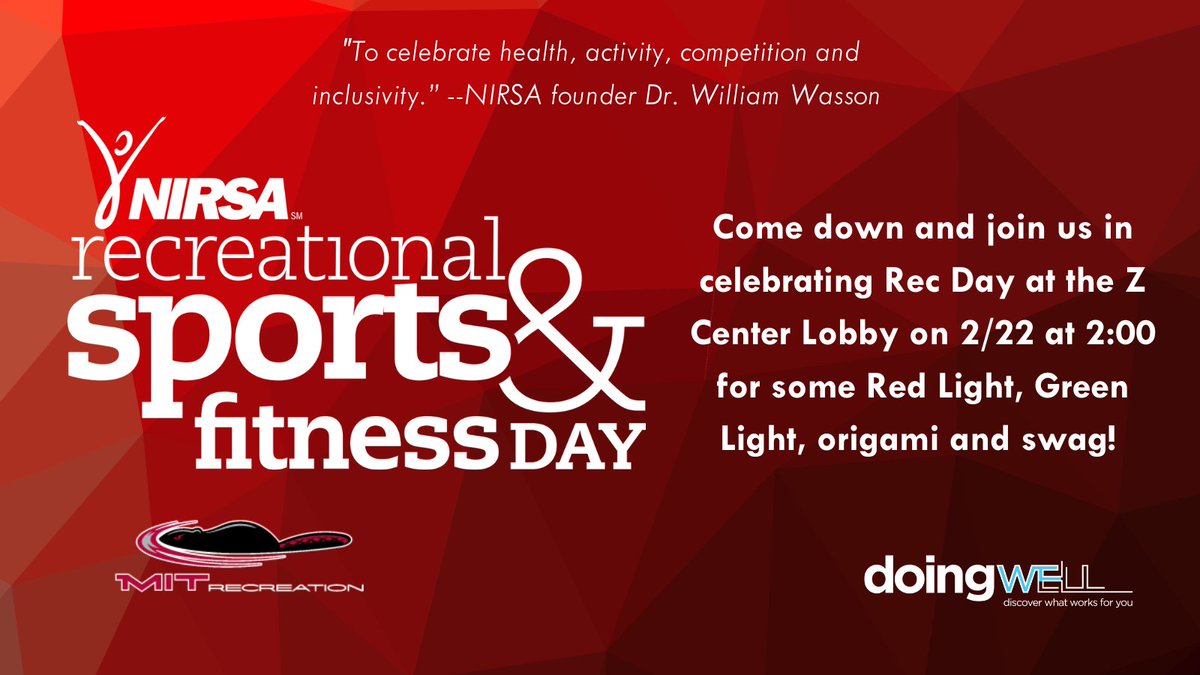 Next week, join us for #RecDay23! MIT Recreationwill be celebrating with students on campus in the Z-Center Lobby at 2pm on 2/22!  Come down and join us for some Red Light, Green Light, origami and swag! #MITRecreation #MIT