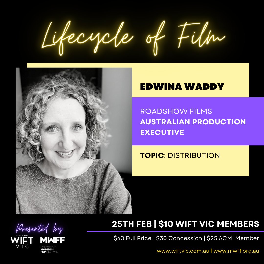 <a href="/wiftvic/">WIFT VIC</a>, <a href="/MWFF_AU/">MWFF</a>  and <a href="/MediaMentorsAus/">Media Mentors</a>  have joined forces to bring you the Lifecycle of Film!

Meet your mentor Edwina Waddy from Roadshow Films!

Book your spot at the table! tickets.acmi.net.au/0/50094