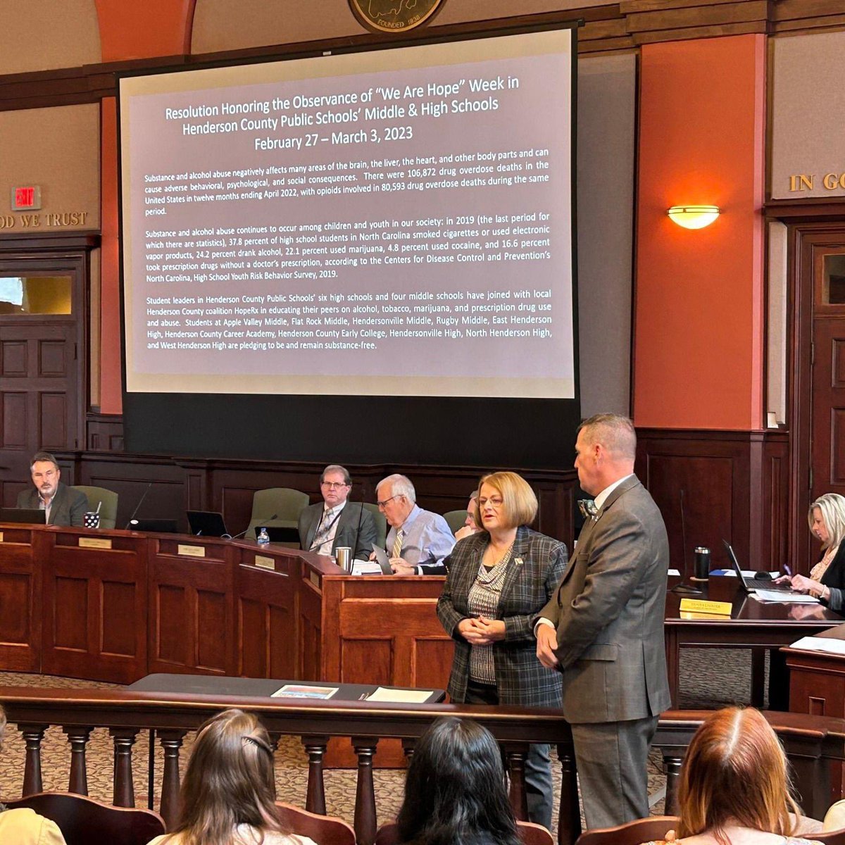 This morning the Henderson County Board of Commissioners read a proclamation for "We are Hope" Week, coming up on Feb. 27-March 3. 

Dedicated to raising awareness of substance misuse in youth, #WeAreHopeWeek is a powerful partnership with <a href="/HopeCoalition4/">Hope Coalition</a>