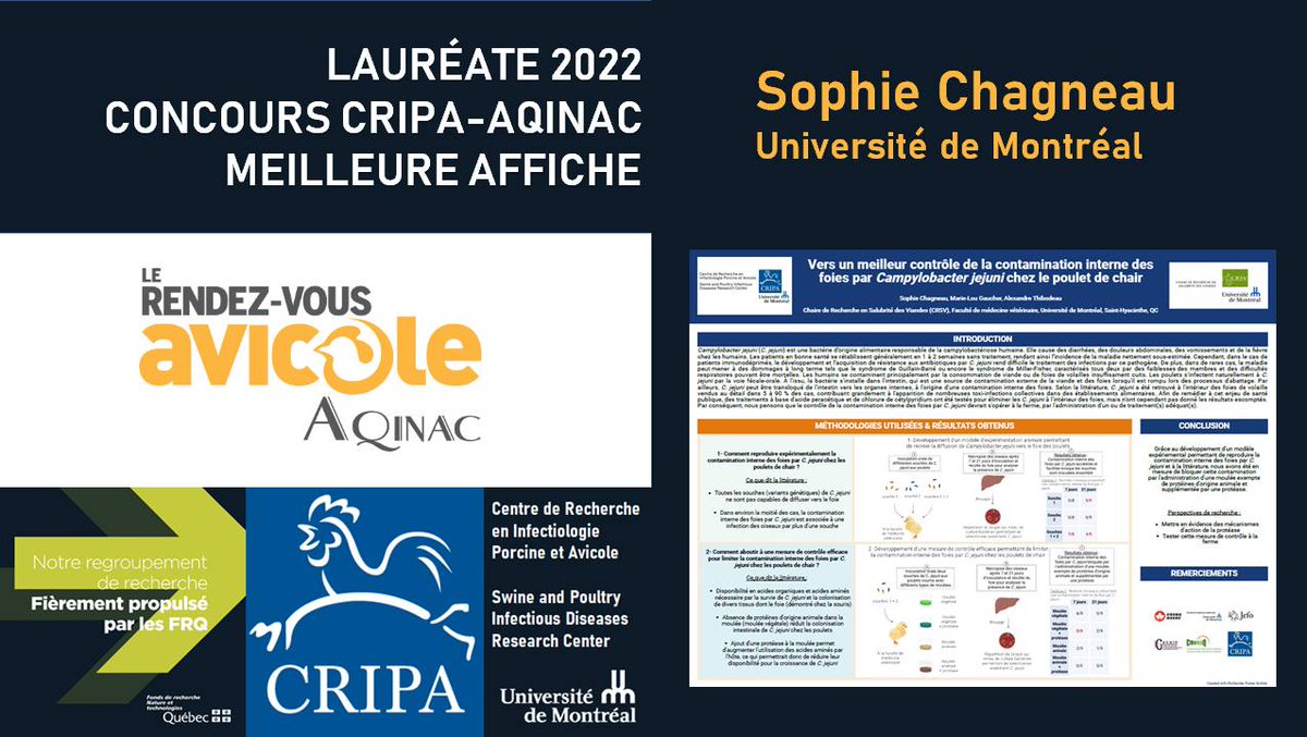 CRIPA (@centrecrip) on Twitter photo Félicitations à Sophie Chagneau, Faculté de médecine vétérinaire, à <a href="/UMontreal/">Université de Montréal</a> qui a remporté le prix de la meilleure affiche du CRIPA lors du #RDVAvicole 2022 de l'<a href="/AQINAC/">AQINAC</a>! 
Pour voir son travail, cliquez ici : lnkd.in/g7pWDMJg
#poulet #salubrite #recherche Félicitations à Sophie Chagneau, Faculté de médecine vétérinaire, à <a href="/UMontreal/">Université de Montréal</a> qui a remporté le prix de la meilleure affiche du CRIPA lors du #RDVAvicole 2022 de l'<a href="/AQINAC/">AQINAC</a>! 
Pour voir son travail, cliquez ici : lnkd.in/g7pWDMJg
#poulet #salubrite #recherche