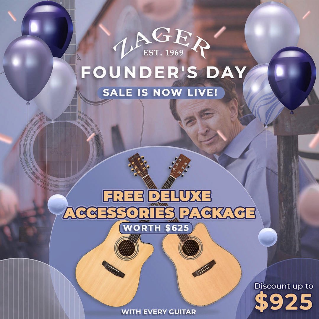 In honor of Denny Zager’s Birthday enjoy our Founder’s Day Sale! 🎈 Get up to $925 OFF select guitars + a FREE Deluxe Accessories Package with your purchase! Shop sale at: zagerguitar.com/founders-day-s… #zager #guitar #zagerguitar #guitarsale #guitarist #guitarplayer #acousticguitar