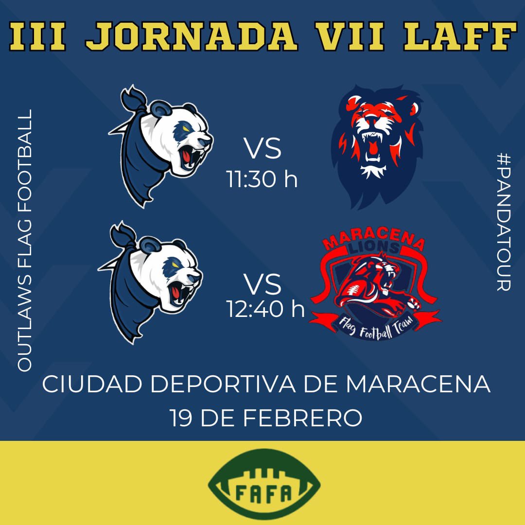 III JORNADA LIGA ANDALUZA DE FLAG FOOTBALL 🏈🏆
 
📍Ciudad deportiva de Maracena 
📅19 de Febrero 

PARTIDO 1️⃣
🆚 Legends of Lions 🦁
🕒11:30h

PARTIDO 2
🆚<a href="/GranadaLions/">Granada Lions</a> 🦁
🕒12:40h