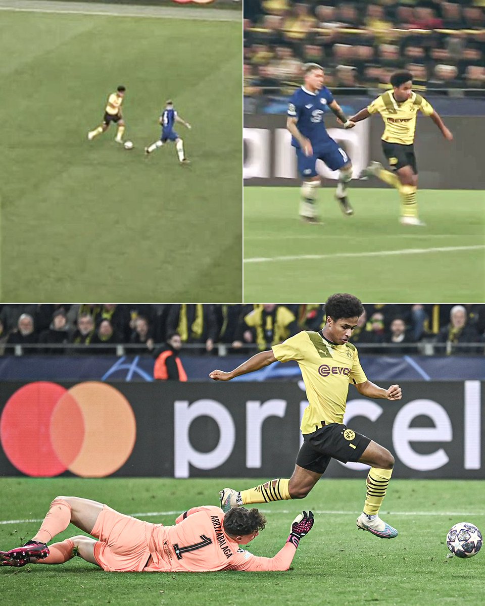 ESPNFC's tweet photo. Karim Adeyemi dribbled right past Enzo Fernández, went around Kepa, and gave Dortmund the lead against Chelsea.

What a talent ✨ https://t.co/uVk58elpmI
