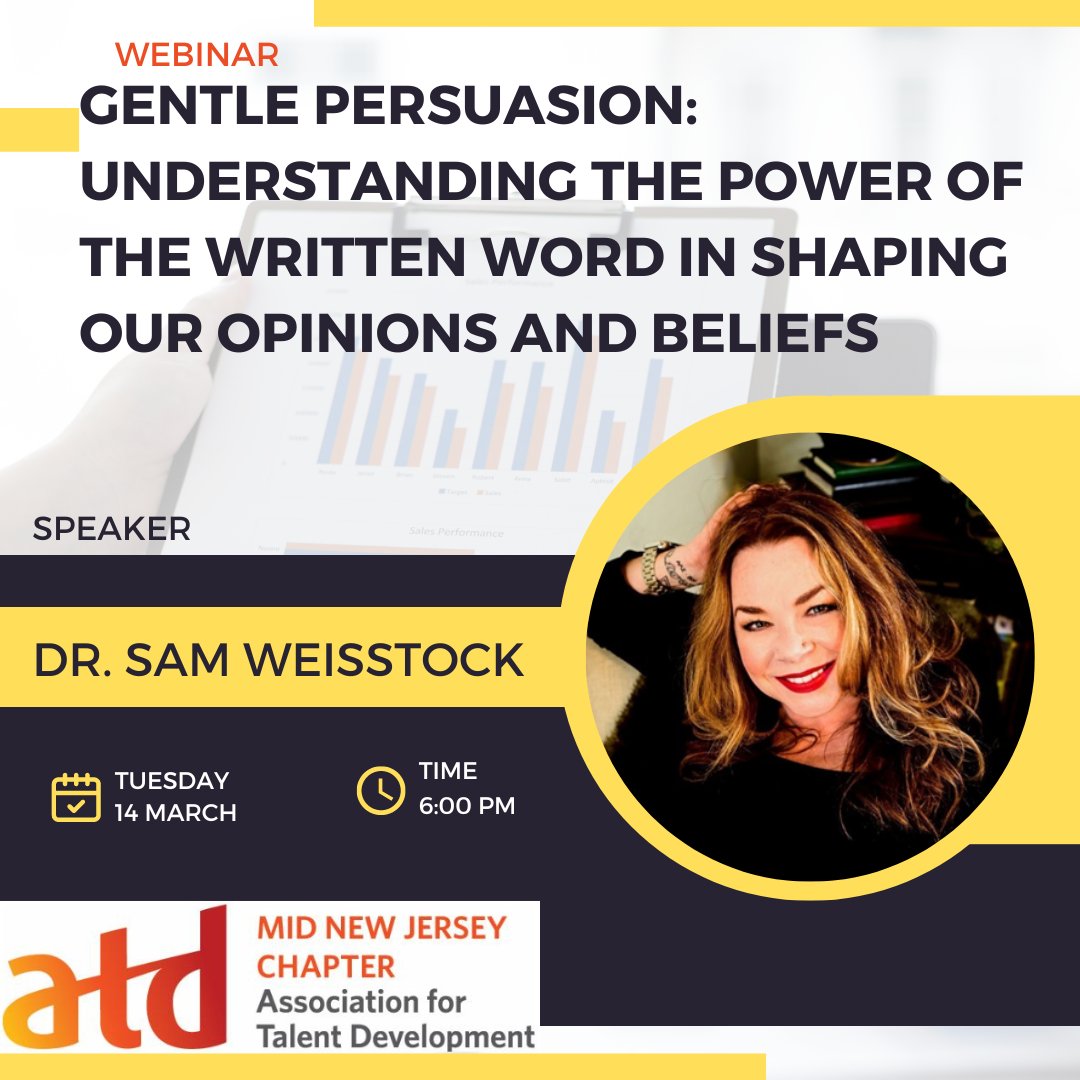 Gentle Persuasion: Understanding the power of the written word in shaping our opinions and beliefs
Have you ever wondered about the power of the words that are read about work, leadership, or career mobility? Dr. Sam Weisstock.
@SamWeisstock #MidNJATD midnjatd.org/event-5165358