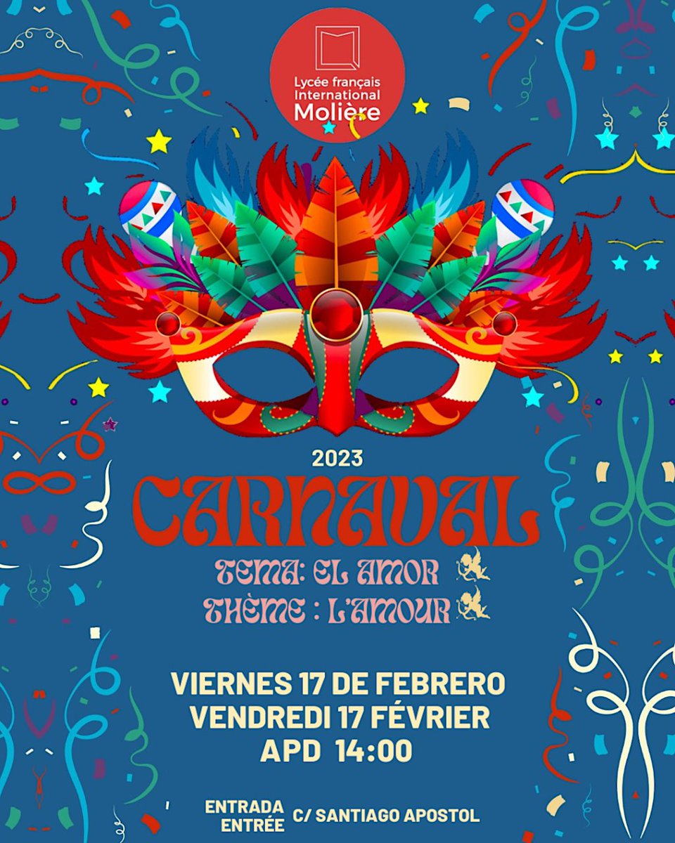 APAELM_asoc's tweet photo. 🥳 CARNAVAL!! 😎
📅 V17-feb/fév-2023
🏫 portes | puertas < 13h45 < c/ Santiago Apóstol
🥪 bebidas/comida | boissons/snacks < APAELM
#LFIM #LFIMadrid #LFIMolière #soylfim #jesuislfim
#compromiso #AMPA #engagement #APE
#padres #madres #parents
#familias #familles
#carnaval https://t.co/GF6RtgTIiU
