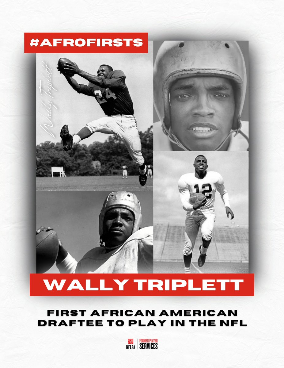 NFLPAFmrPlayers's tweet photo. Wally Triplett was the first African American draftee to play in the NFL. Although he was not the first to be drafted in 1949 (George Taliaferro drafted in rnd 13 & Wally in rnd 19), Triplett was the first draftee to actually play in a game & has made history as an #AfroFirsts. https://t.co/uwhj3T6GYe