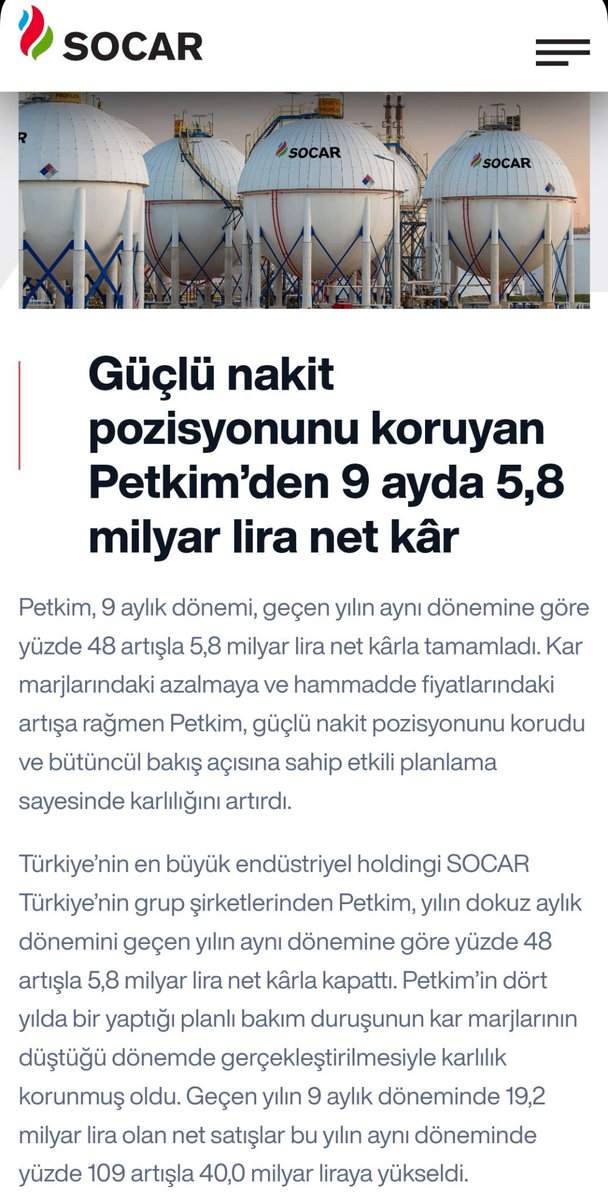 Socar 3.5 Milyon TL bağışladı. Sadece Petkim üzerinden 2022’nin ilk 9 ayında 5,8 Milyar lira kazanan Socar bu. Petkim’in güncel piyasa değerini de ekleyelim: 39,2 milyar TL! Ayıb deyilmi qardaşlar???@SOCAR_Turkiye @SOCARofficial @PetkimOfficial @RovshanNajaf