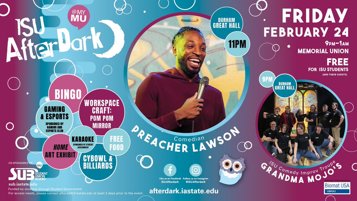 isuafterdark's tweet photo. In case you haven’t heard…

Next Friday’s AfterDark event is going to be headlined by Comedian Preacher Lawson in the Great Hall starting at 11 pm!

There will be more performances, many activities, free for all ISU students and their guests! See you there🤩 https://t.co/BnSqh3gewf