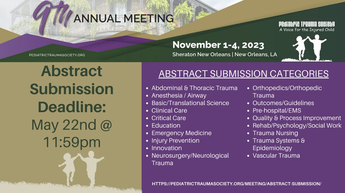 Abstract Submission for the 2023 PTS Annual Meeting is now open! 

For more information and to submit, visit our website: pediatrictraumasociety.org/meeting/Abstra…

#PTS2023 #Pediatrics #PediatricResearch