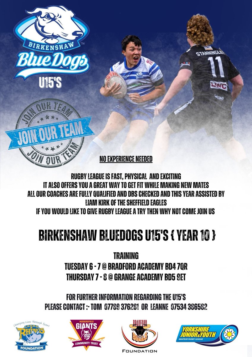 A great bunch of lads looking for a few extra team mates for the coming season . If you know anyone who may be interested please contact Tom or Leanne for further details @BBGAcademy @kimleadbeater @TracyBrabin @BullsFoundation @GiantsCT @RugbyLeeds @Tong_School @WestYorksRL