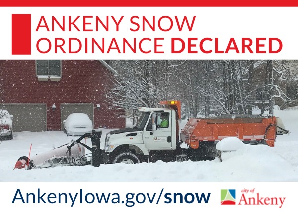 The City of Ankeny has declared a snow ordinance effective Wednesday, Feb 15, at 11 p.m. until Friday, Feb. 17, at 11 p.m. View details: bit.ly/3Xt9Z1y