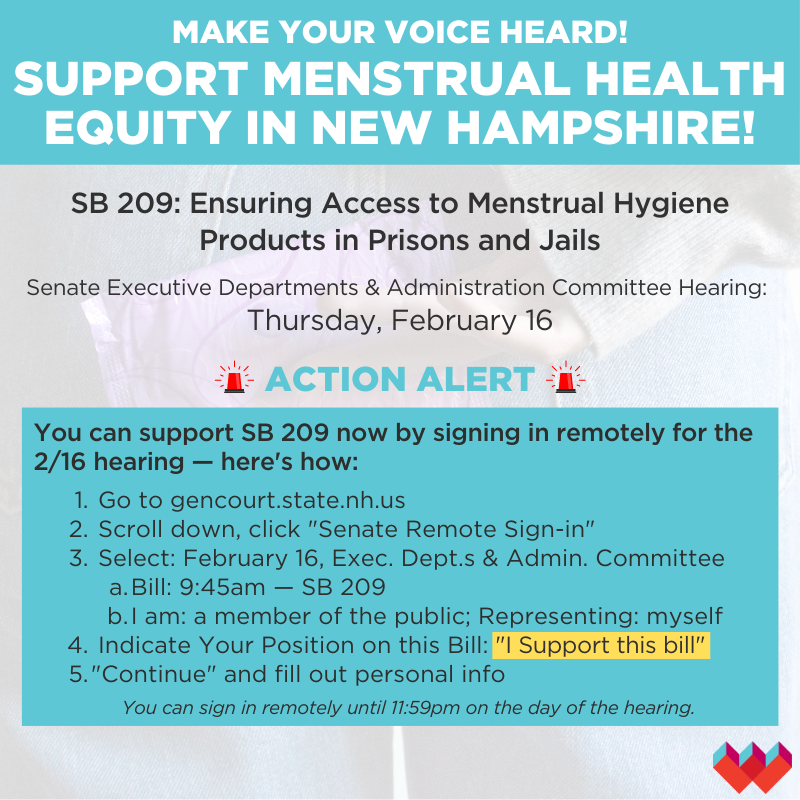NHWomensFndn's tweet photo. Women deserve access to menstrual hygiene products in the amount & frequency they individually need. Unfortunately, this doesn’t always happen at #NH County Jails.
#SB209 would fix that.
#NHPolitics
Sign in to support this bill—it's quick & easy to do remotely!
Here's how: https://t.co/4BAbTKH9KI
