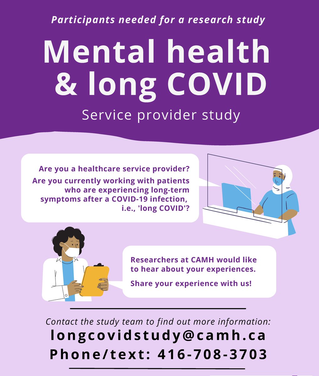 A CAMH study team is looking for service providers across Canada to share their experiences working with #longCOVID patients! 

For information: 
camh.ca/en/science-and…