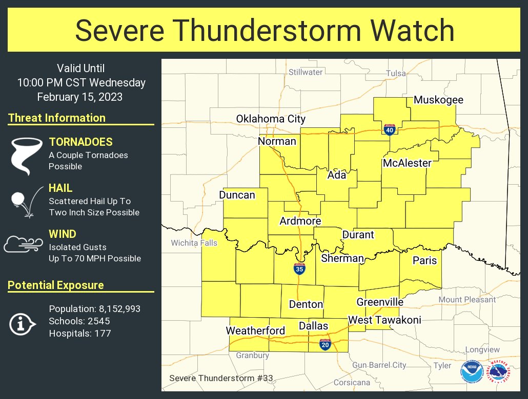 NWSSevereTstorm's tweet photo. A severe thunderstorm watch has been issued for parts of Oklahoma and Texas until 10 PM CST https://t.co/hi2qHmiID7