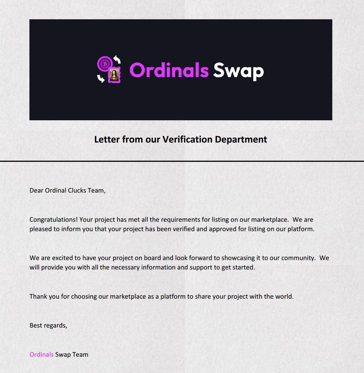 <a href="/ClucksNFT/">Ordinal Clucks</a> - Congratulations, you are now verified for our Marketplace!

#BTCnfts #BtcOrdinals #btc